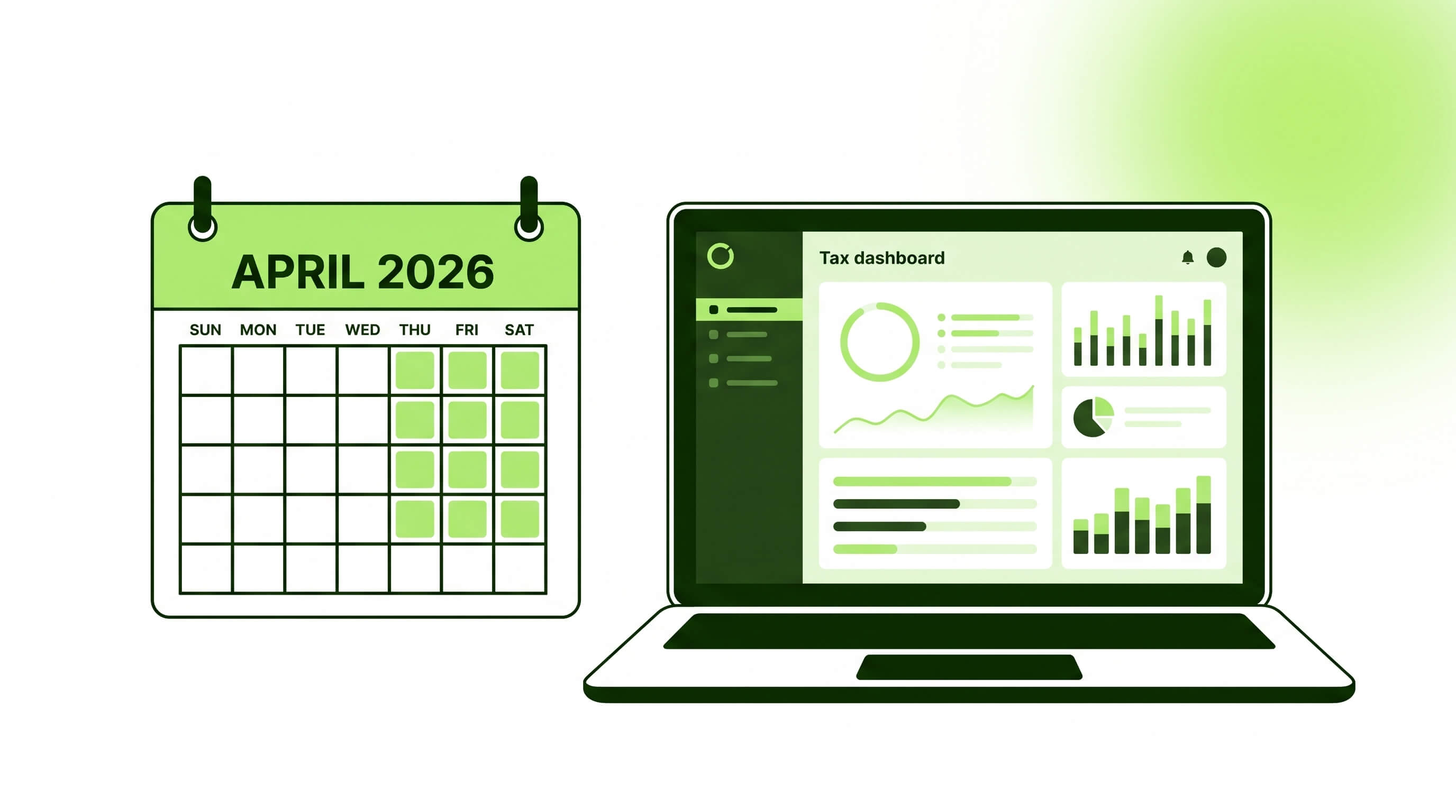 A wall calendar showing April 2026 next to a laptop displaying a green tax dashboard